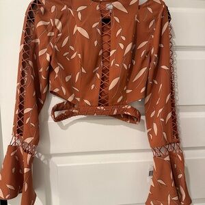 Finders Keepers Orange Long Sleeve Cut Out Crop Blouse